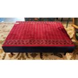 HEARTH STOOL, 33cm H x 122cm x 95cm, carpet patterned velvet with blue fabric sides on turned feet.