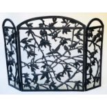FIREGUARD, wrought iron two fold arch with pierced birds in tree foliage decoration and mesh, 70cm H