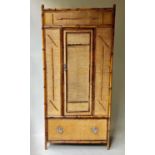 VICTORIAN BAMBOO WARDROBE, bamboo framed and wicker panelled enclosing hanging above a long