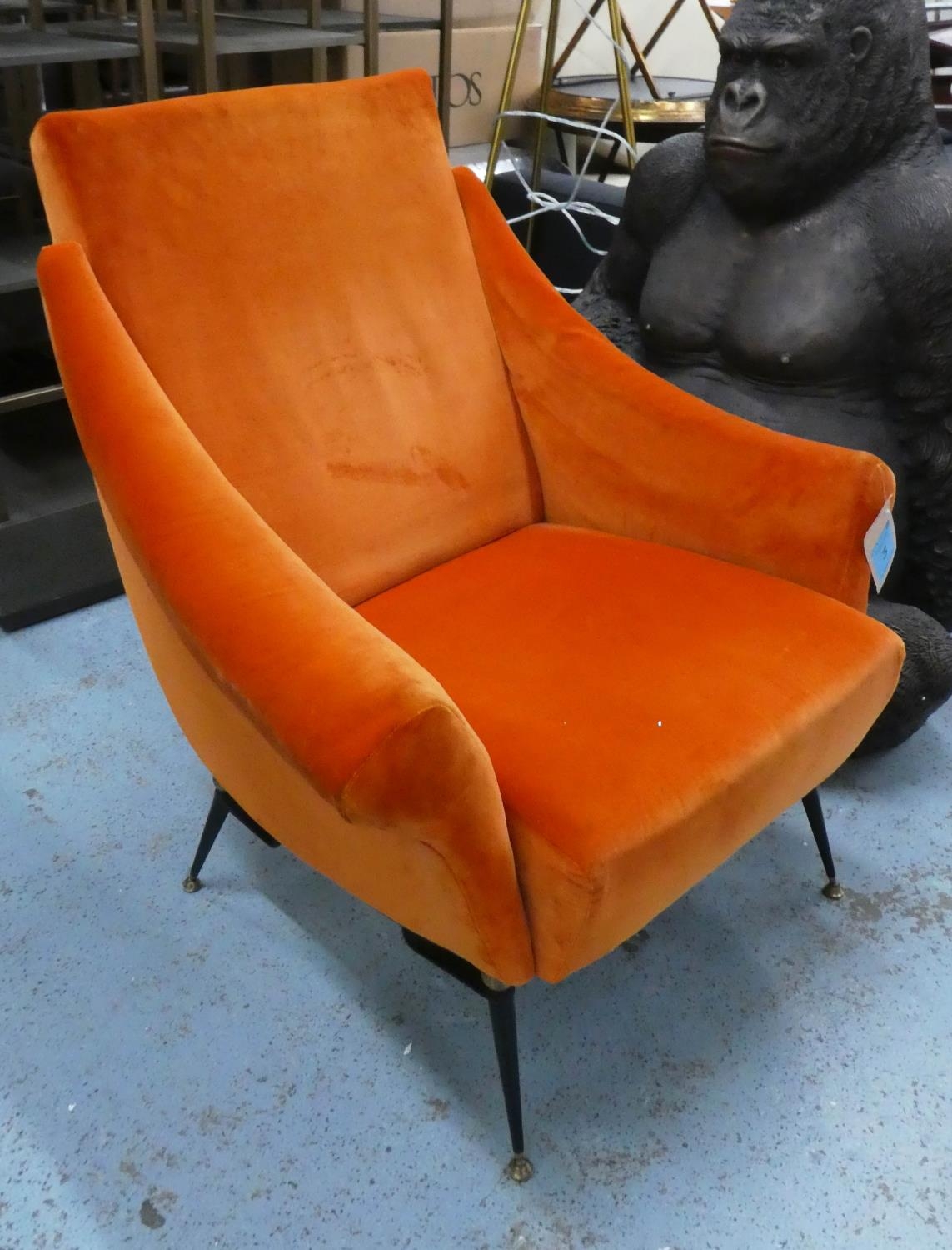 ARMCHAIR, 85cm W, vintage 1950's Italian style orange velvet finish.