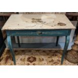 SIDE TABLE, 102cm W x 78cm H x 59cm D 19th century distressed painted pine with a frieze drawer.