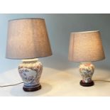 TABLE LAMPS, tub Chinese ceramic vase form with wooden bases and shades, 62cm H and 48cm H. (2)