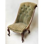 SLIPPER CHAIR, Victorian carved mahogany with buttoned striped green velvet upholstery.