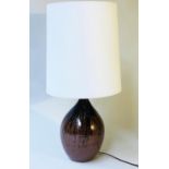 STUDIO CERAMIC LAMP, vase form slipware rust brown with shade 83cm H.