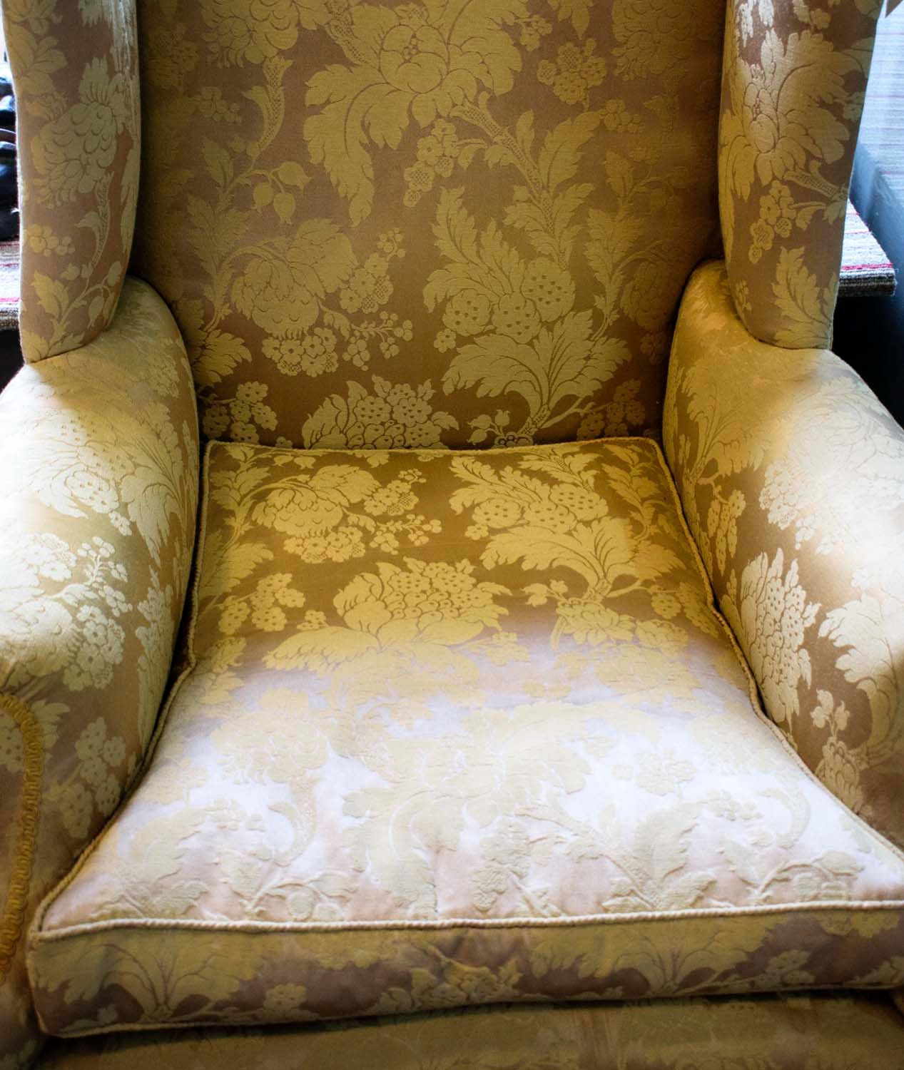 WINGBACK CHAIR, 76cm W x 104cm H, damask upholstery, with claw and ball carved supports. - Image 12 of 12