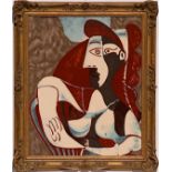 PABLO PICASSO 'Femme', print on silk, 75cm x 60cm, framed and glazed.