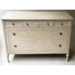 COMMODE, Neo Classical style grey painted with three short drawers, 56cm x 122cm x 88cm H.