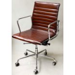 REVOLVING DESK CHAIR, Charles and Ray Eames inspired, ribbed brown leather, revolving and