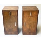 ART DECO BEDSIDE CABINETS, a pair, 37cm x 37cm x 66cm H, figured walnut, each with drawer and