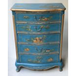 CHINOISERIE CHEST, 1930's style blue lacquer and gilt Chinoiserie painted with five serpentine