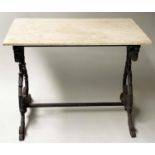 ORANGERY PLANT TABLE, Victorian cast iron trestle supports with rectangular limestone top, 90cm x