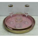 DRINKS SET, including two trays, 40cm diam. at largest, two champagne flutes, 24cm H, and two