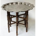 BENARES TABLE, 60cm diam. x 50cm H, silvered brass engraved tray top on bone inlaid folding stand.