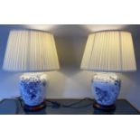 TABLE LAMPS, a pair, 50cm H, blue and white ceramic, hokusai great wave, with shades. (2)