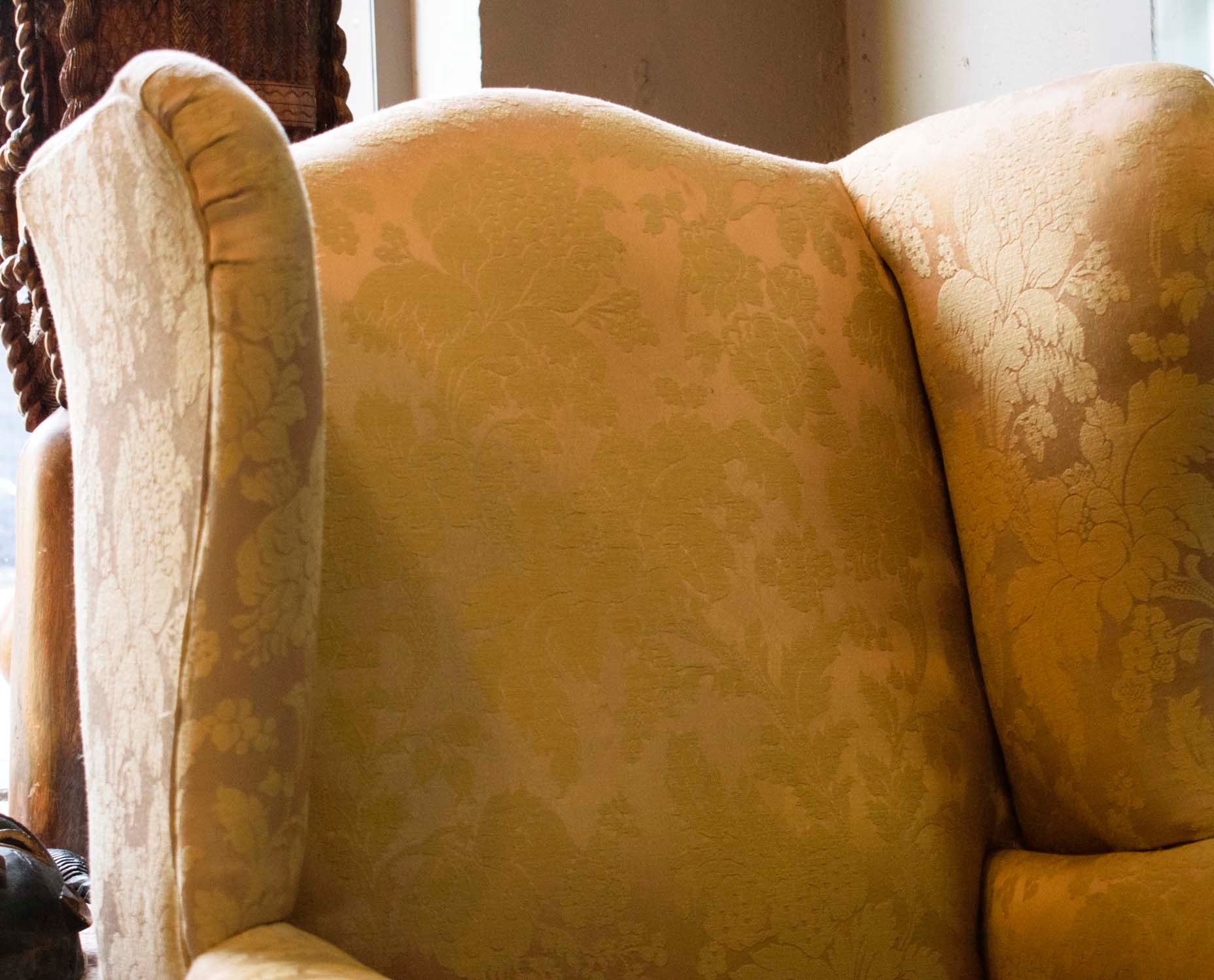 WINGBACK CHAIR, 76cm W x 104cm H, damask upholstery, with claw and ball carved supports. - Image 4 of 12