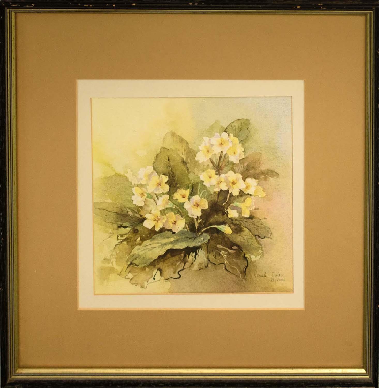 RENATE DAVIS 'Primroses', 2002, watercolour, signed and dated lower right, 21cm x 21cm, framed and - Image 2 of 6