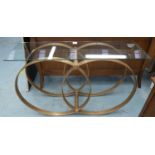 CONSOLE TABLE, 130cm L x 82cm H with a rectangular glass top on a base with entwined circles.