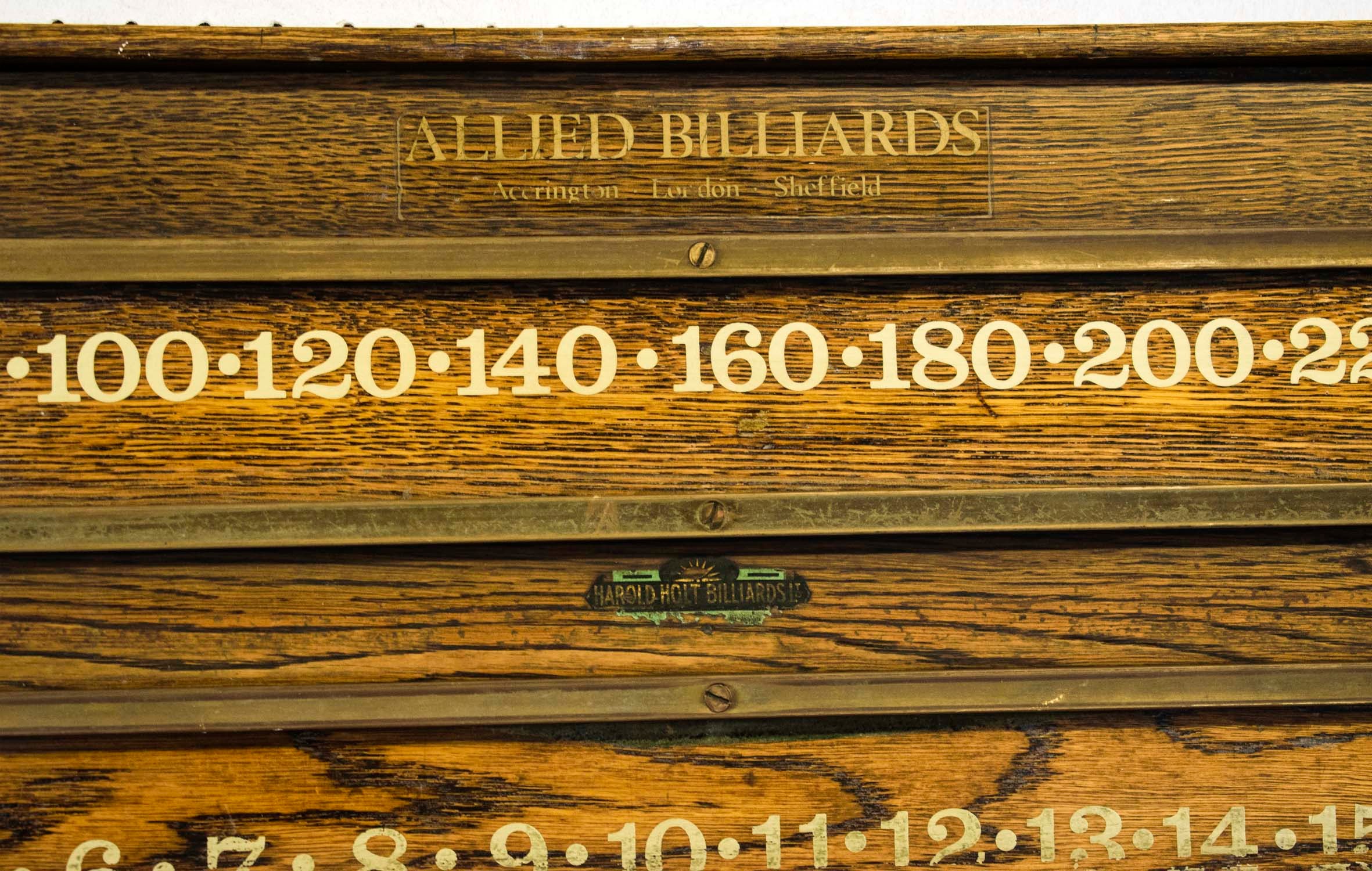 SNOOKER SCORE BOARD, oak and brass by Allied Billiards, 80cm W. - Image 3 of 4