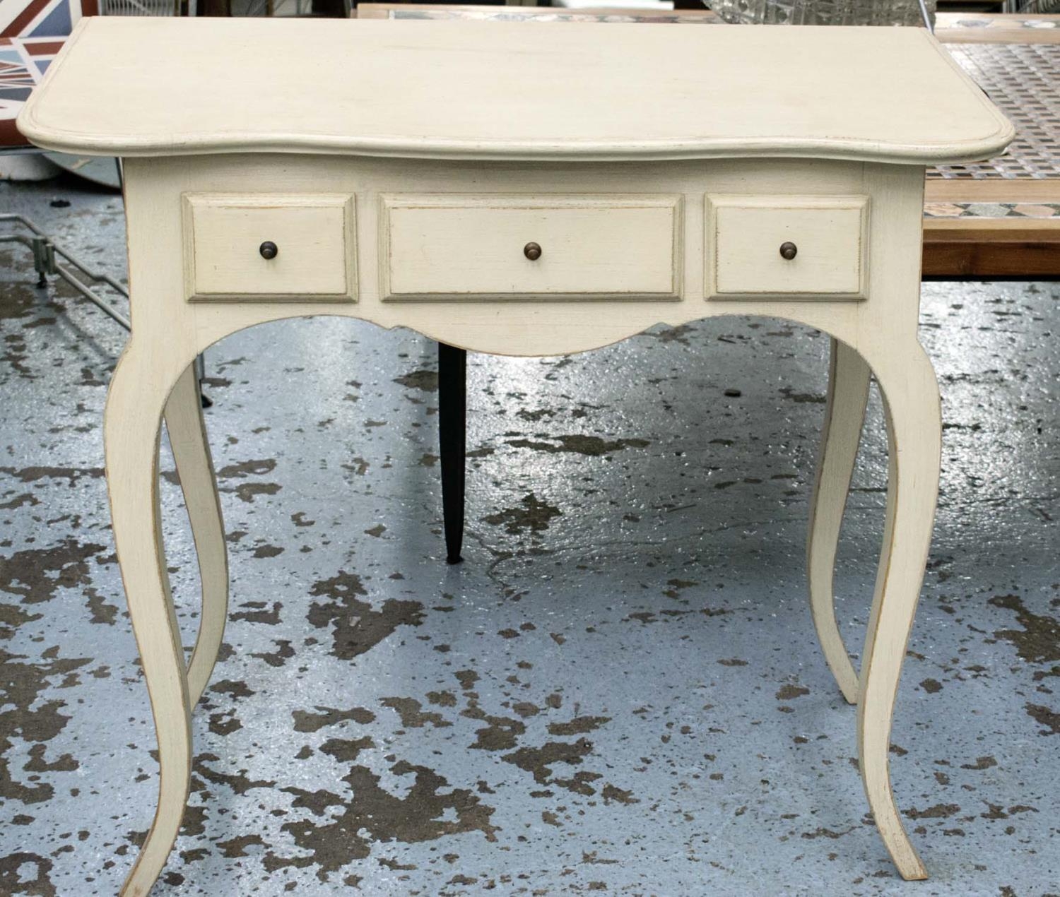 CHELSEA TEXTILES SIDE TABLE, 92cm W x 78cm H x 55cm D with three drawers on cabriole supports.