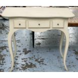 CHELSEA TEXTILES SIDE TABLE, 92cm W x 78cm H x 55cm D with three drawers on cabriole supports.