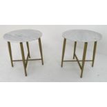 SIDE TABLES, a pair, 43cm diam. x 44cm H, gilt metal with marble tops. (2)