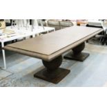 DINING TABLE, 100cm x 77cm H x 270cm L the rectangular top on a pair of urn shaped supports.