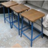 BAR STOOLS, a set of three, 66cm H, vintage style, machinists inspired design, blue metal