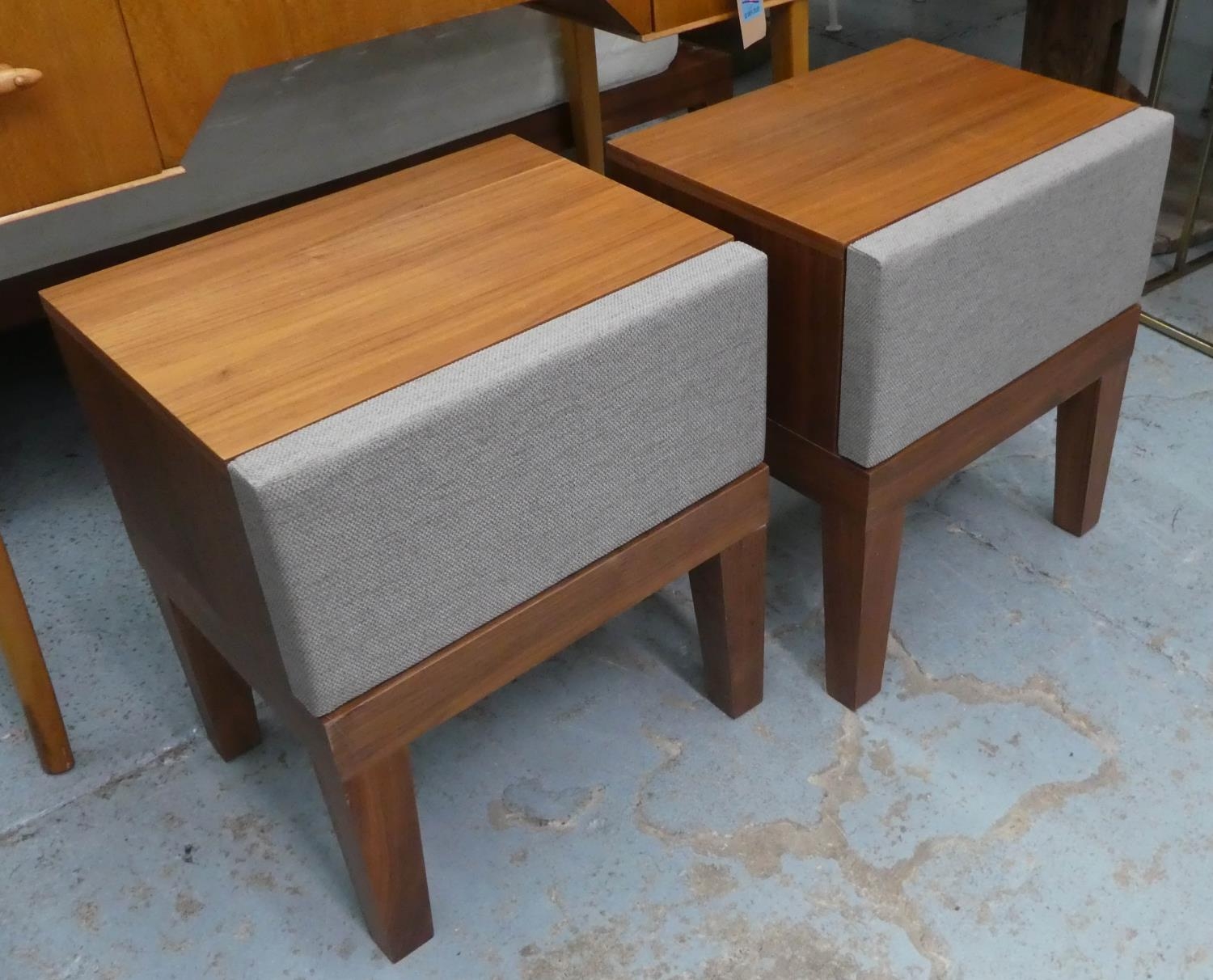 BED SIDE TABLES, a pair, 45cm x 35cm x 52cm, with one drawer each, upholstered detail. (2) - Image 2 of 5