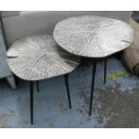 LILY PAD SIDE TABLES, a pair, graduated pair, 49cm x 53cm x 54cm at largest, polished metal tops. (