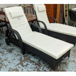 SUN LOUNGER, 167cm x 71cm x 105 cm at highest, faux rattan adjustable back, with cushions.