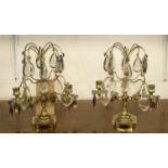 TABLE CANDELABRA, a pair, 27cm H x 25cm, brass with glass droplets. (2)