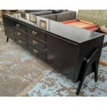 SIDEBOARD, 51cm x 78cm H x 240cm purchased from Fiona Macdonald, mid 20th century style ebonised,