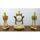 CLOCK GARNITURE, late 19th century Louis XVI style, ormolu and marble, the two urns with swags and