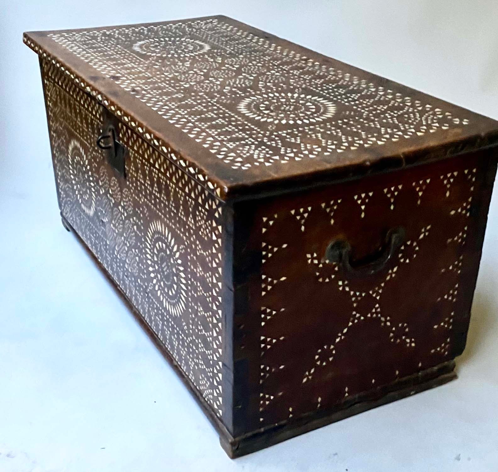 INDO PORTUGUESE TRUNK, 19th century teak and mother of pearl inlaid with rising lid, 76cm x 38cm x - Image 4 of 9