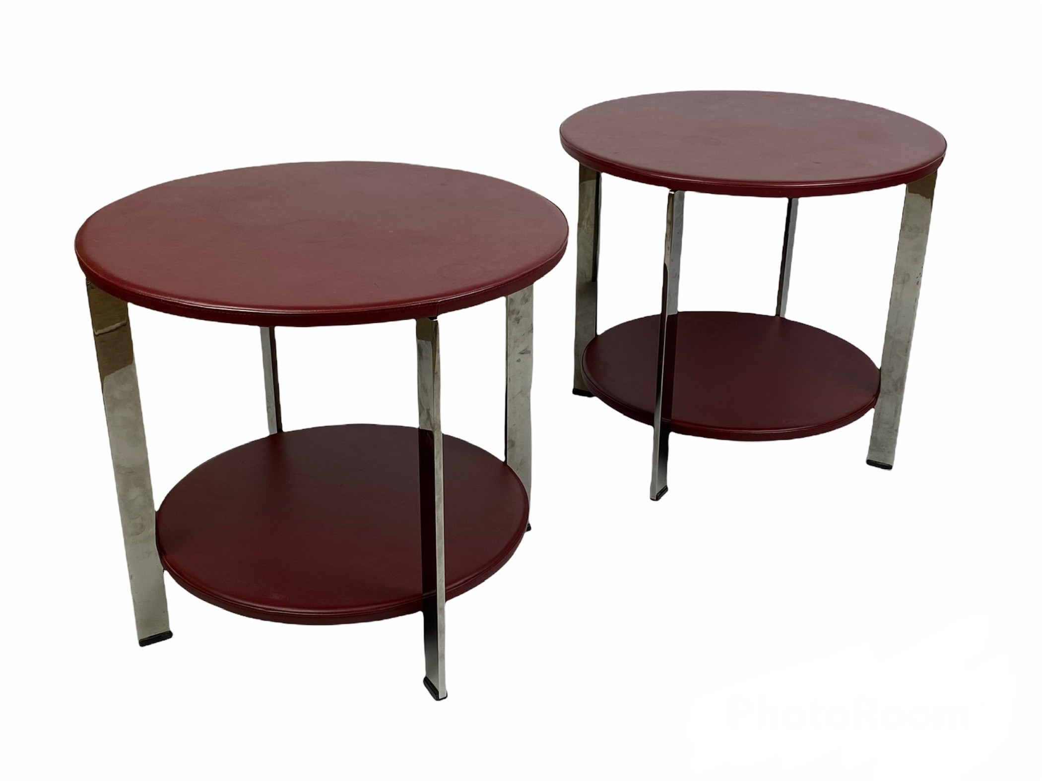 POLTRONA FRAU REGOLO SIDE TABLES, a pair, by Carlo Colombo, leather and polished metal, 49cm H x