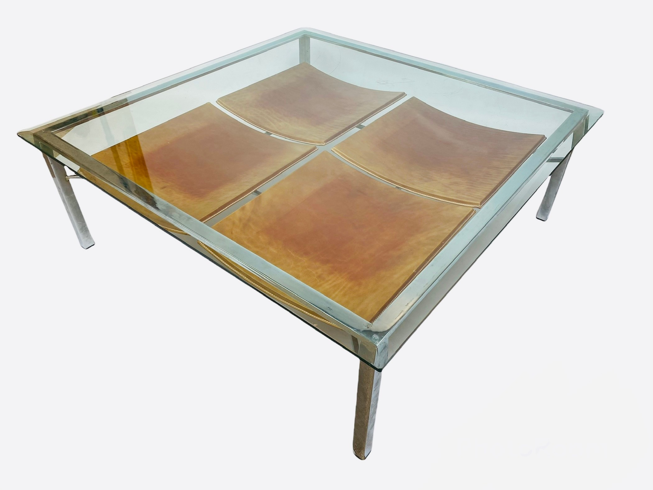 LOW TABLE, 36cm H x 106cm x 106cm, 1970's, square bevelled glass top on a chrome base, with a - Image 4 of 7