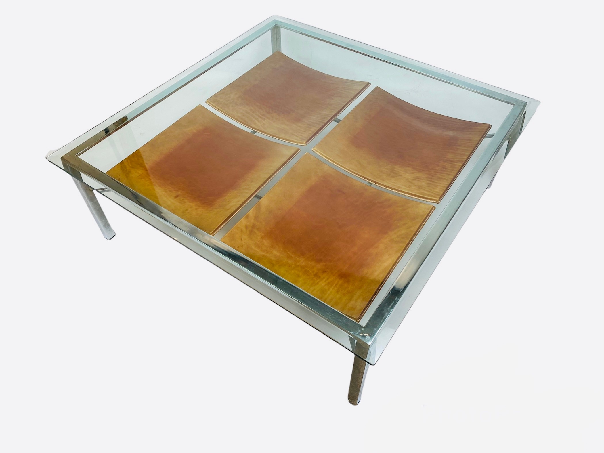 LOW TABLE, 36cm H x 106cm x 106cm, 1970's, square bevelled glass top on a chrome base, with a