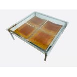 LOW TABLE, 36cm H x 106cm x 106cm, 1970's, square bevelled glass top on a chrome base, with a