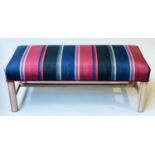 WINDOW SEAT, rectangular faded mahogany with striped moiré upholstery, 109cm x 46cm x 45cm H.
