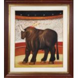 MANNER OF FERNANDO BOTERO, 'Bull in a corrida', oil on canvas laid on board, 61cm x 51cm, framed.