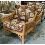 BAMBOO ARMCHAIRS, a pair, vintage 1970's, in a William Morris fabric, 84cm W. (2)