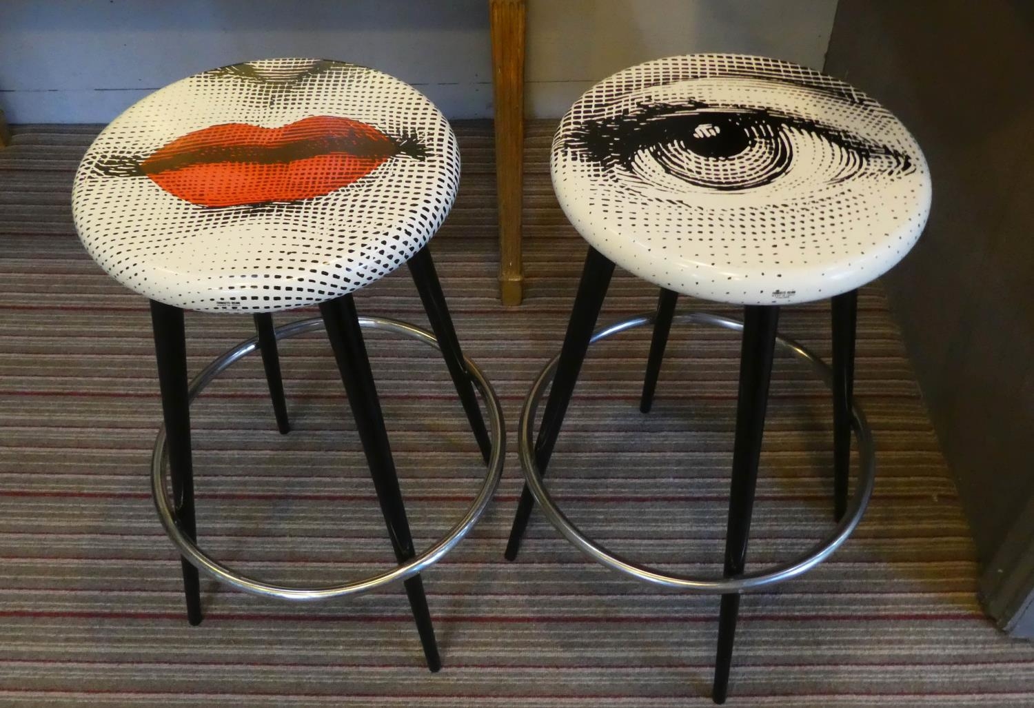 FORNASETTI BOCCA AND OCCHIO BAR STOOLS, a pair, 70cm H. (2)