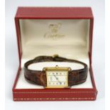 CARTIER MUST DE VERMEIL TANK WATCH, brown leather skin patterned strap, gold plated quartz