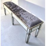 HALL SEAT, 52cm x 150cm x 370cm, mirrored and silvered finish, with velvet seat.