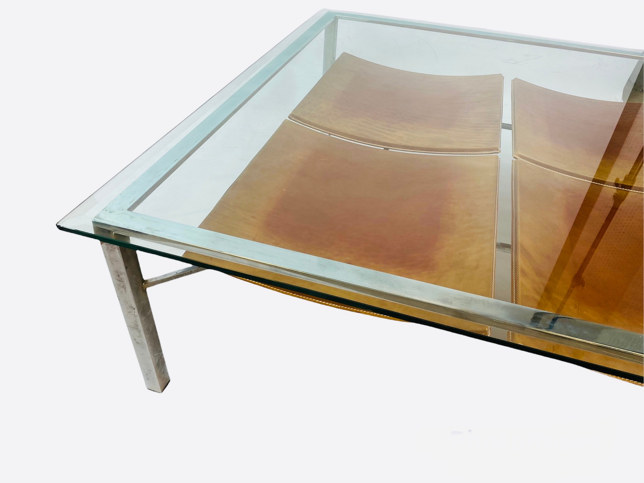 LOW TABLE, 36cm H x 106cm x 106cm, 1970's, square bevelled glass top on a chrome base, with a - Image 2 of 7