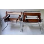 AFTER MARCEL BREUER WASSILY STYLE CHAIRS, a pair, in stitched coach leather and ebonised tubular