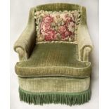 ARMCHAIR, early 20th century green cut velvet with serpentine shaped front scroll arms and