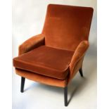 ARMCHAIR, 1960's style orange russet velvet on splay supports, 69cm W.