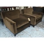 ARMCHAIRS, a pair, 85cm x 88cm reupholstered in brown velvet.