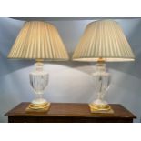 TABLE LAMPS, a pair, Baccarat style glass and giltwood urn form with shades, 80cm H. (2)